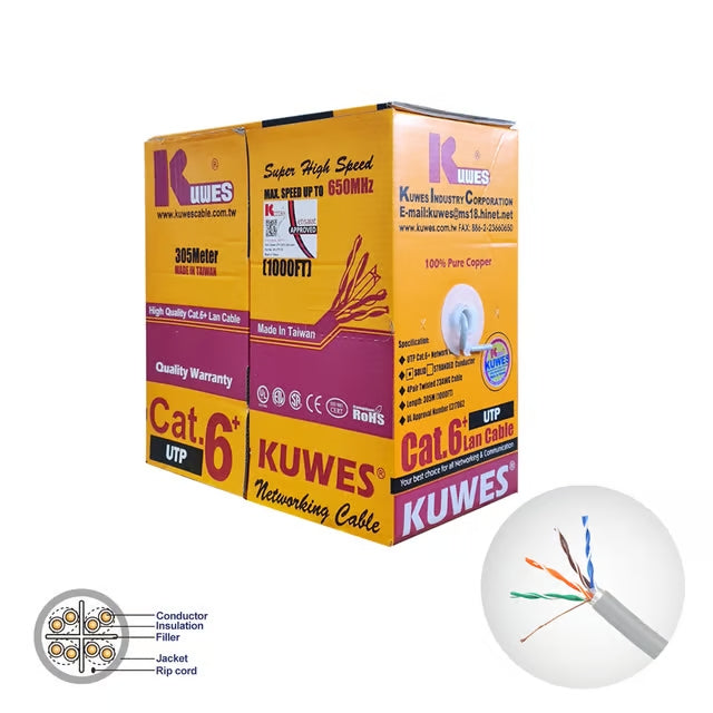 Kuwes - Telecom Cable Solid 4 Pair UTP Cat.6 23AWG 305m/Box (Grey)