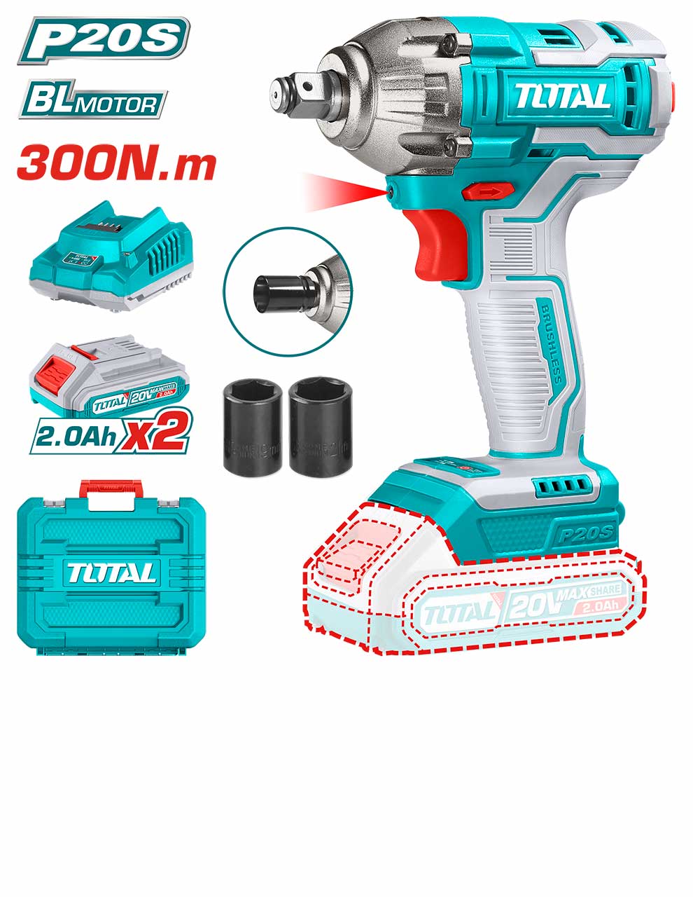 Total - 1/2" 20V 300Nm Impact Wrench (2 Battery + 1 Charger)