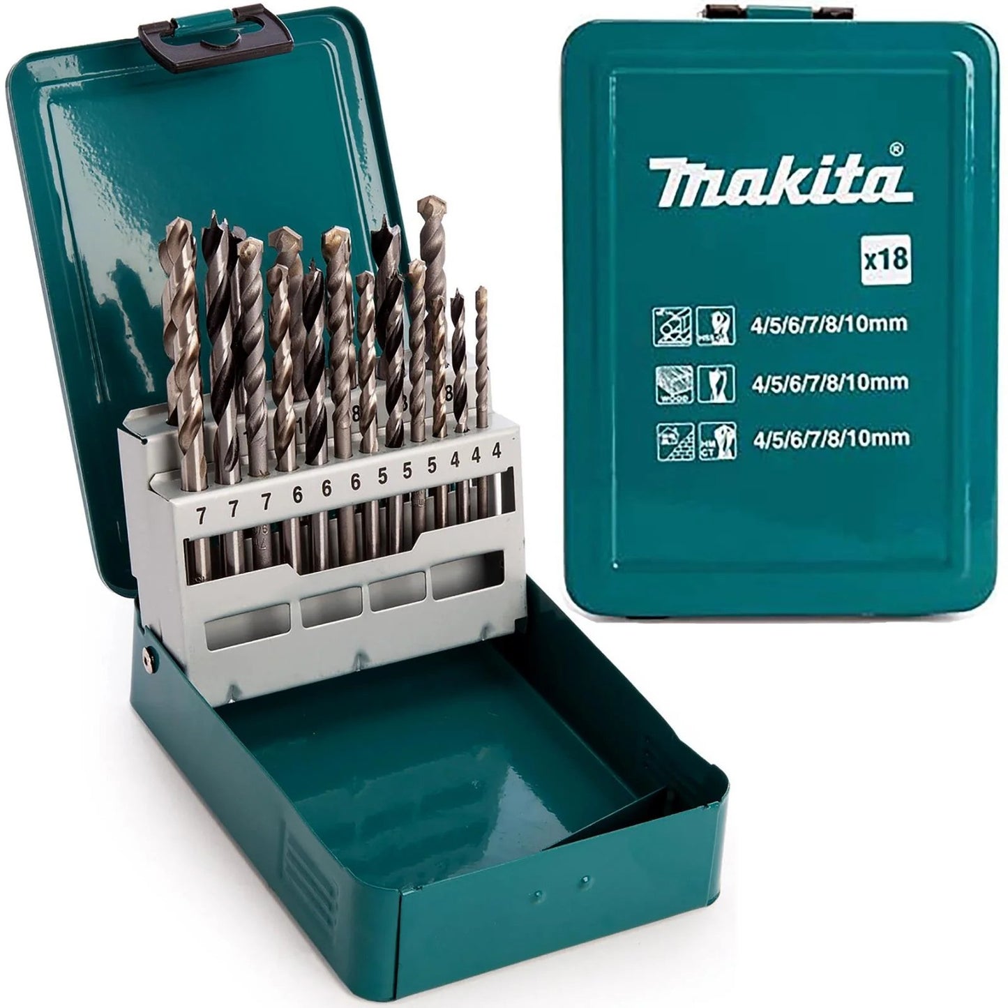 Makita - 1/8" 5/32" 3/16" 1/4" 5/16" 3/8" Assorted Drill Bit for Metal / Wood / Masonry (18 Pcs)